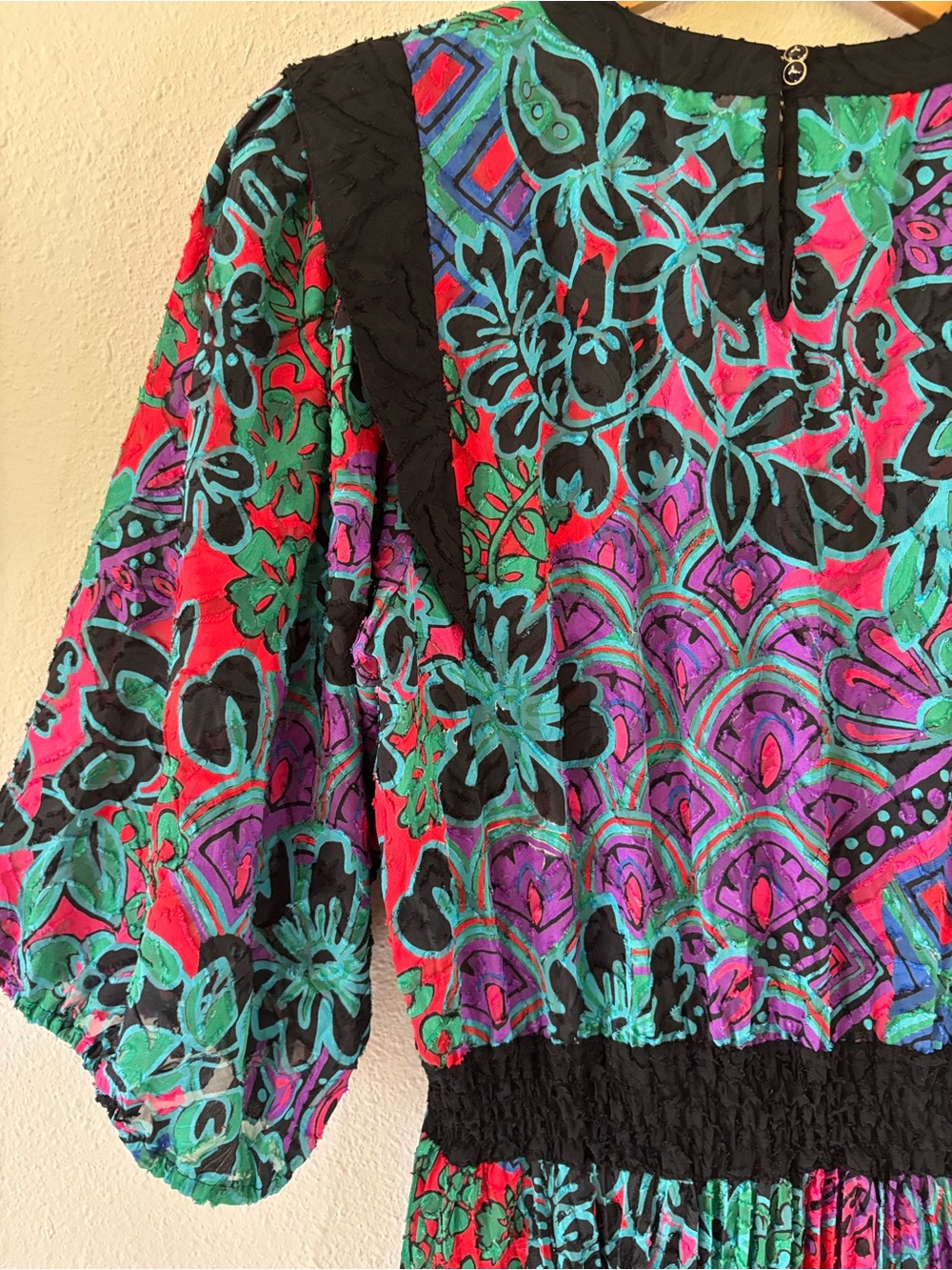 Diane Freis 1980s Dress L XL Colorful Floral Geometric Pleated Midi Maximalist - Picture 11 of 13
